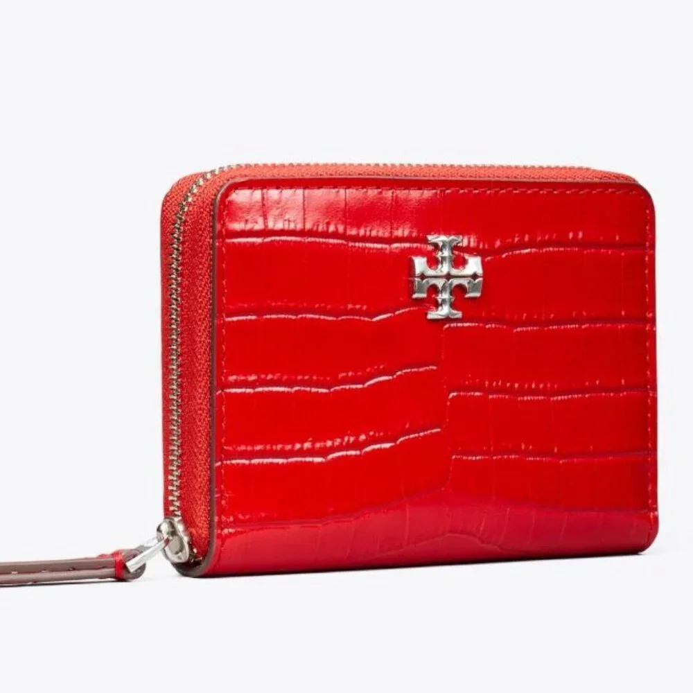 Tory Burch Small Kira Croc-Embossed Leather Zip-around Wallet Red Sky